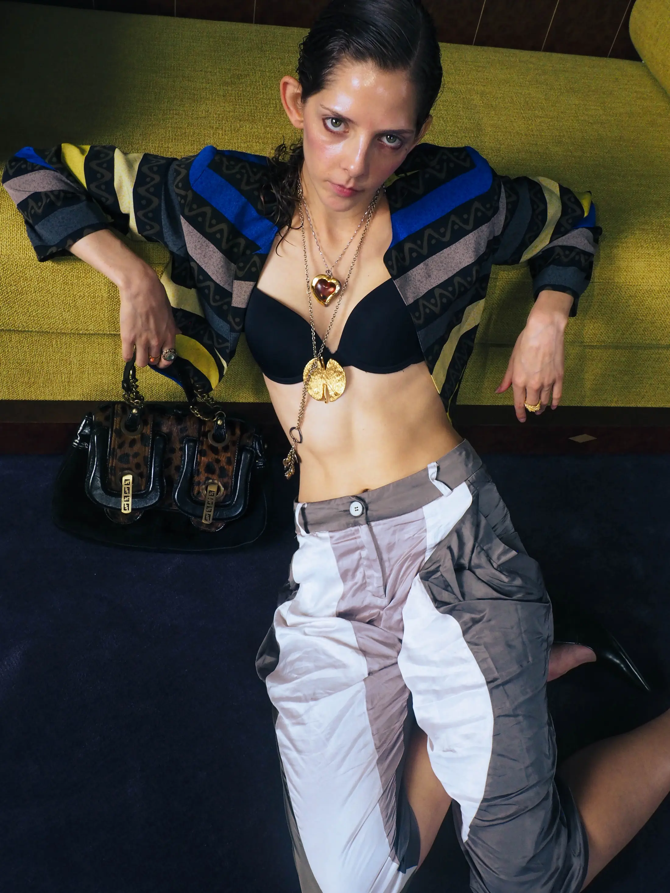 Malka Hynan wearing the patterned outfit and layered jewellery from Lascivious Finds